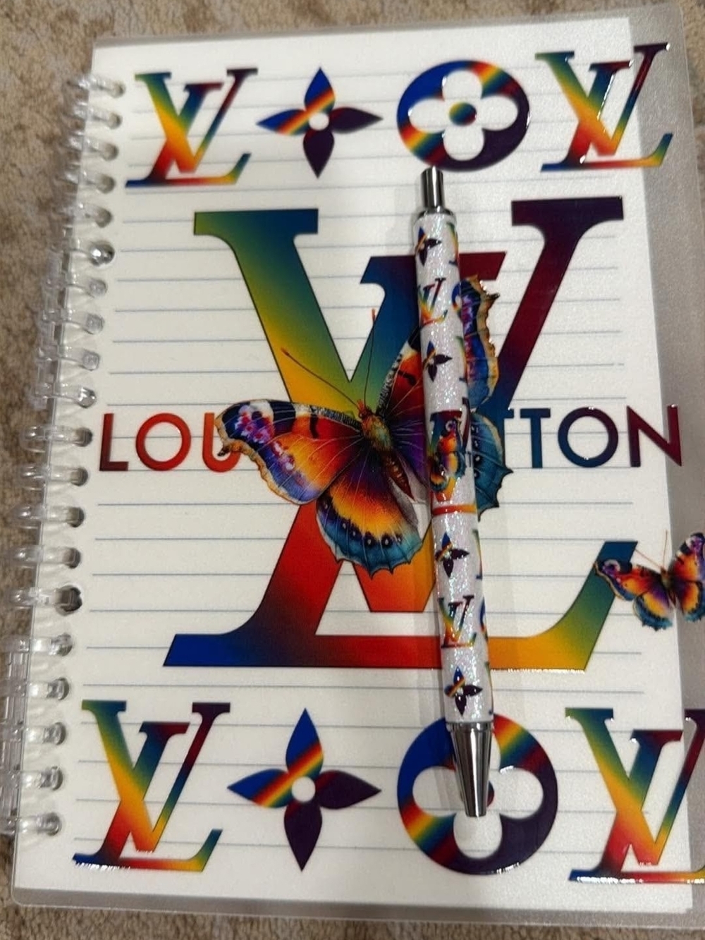 Handmade Rainbow Gradient Monogram Pen And Reillable Notebpok with Butterflies